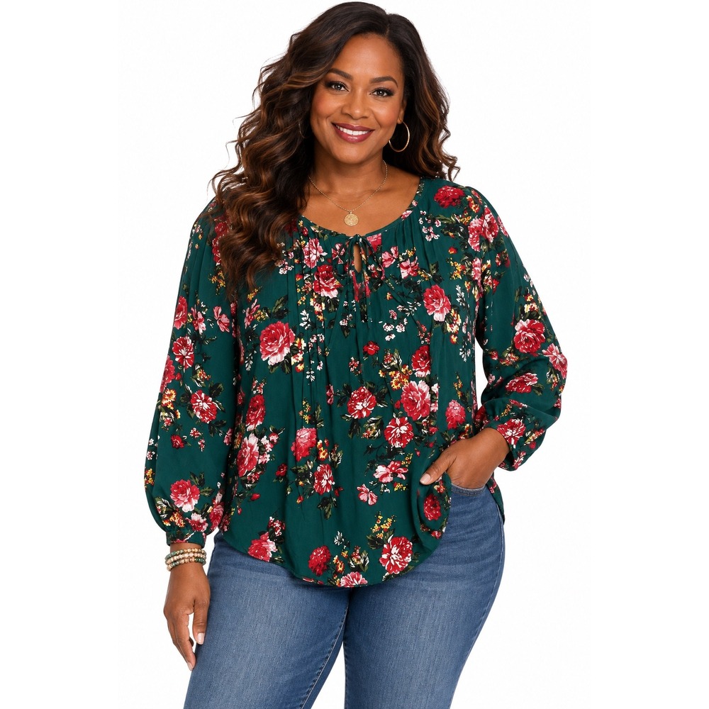 Suzanne Betro Green Floral Rose Print Split Tie Neck Pleated Blouse XL